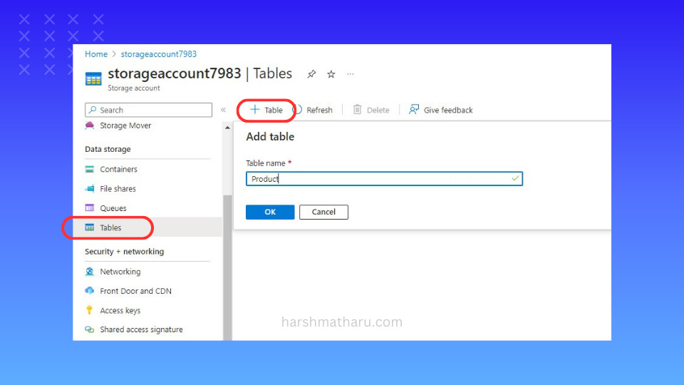 Create new Table in Table Storage through portal