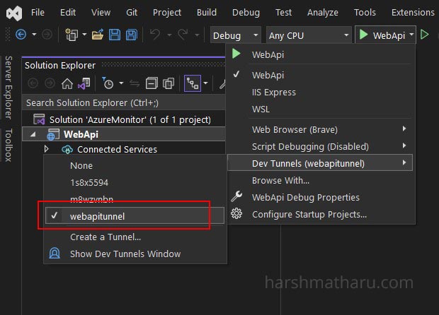 Select newly created dev tunnel in visual studio
